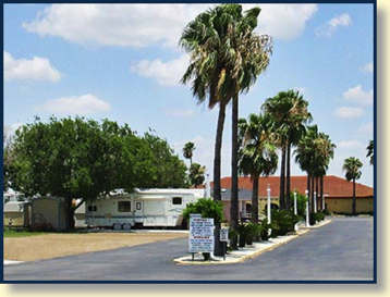 The palm-lined entrance to Canyon Lake RV Resort, the Rio Grande Valley campground of choice